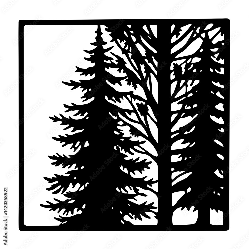 Fototapeta premium Silhouette of trees inside a square frame creating a cutout design