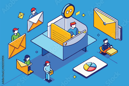 Modern vector illustration of communication concept featuring an envelope, messages, and diverse people engaged in conversation