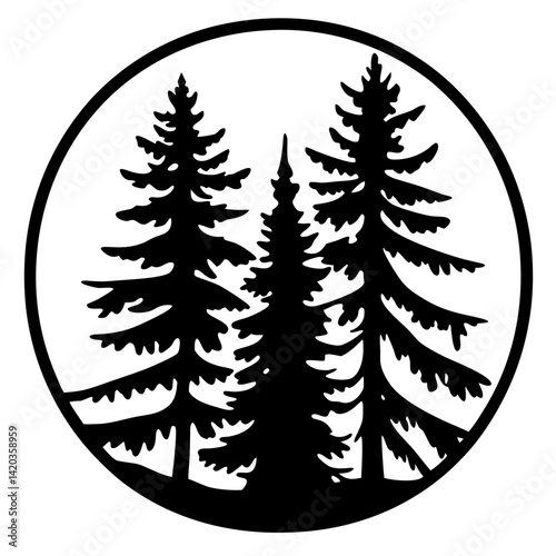 Silhouette of three evergreen trees within a circular frame, a nature icon