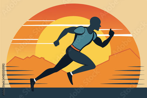 Dynamic runner sprinting across a wide landscape at sunset with mountains in the background and warm colors illuminating the sky