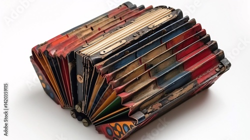 A colorful, antique button accordion with vibrant red, blue, and gold accents, showing signs of age and use.