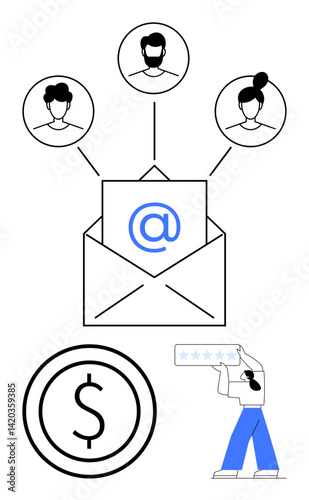 Open envelope with email symbol, user avatars connected by lines, dollar symbol, and person holding a star rating. Ideal for communication, marketing, feedback, engagement, finance e-commerce