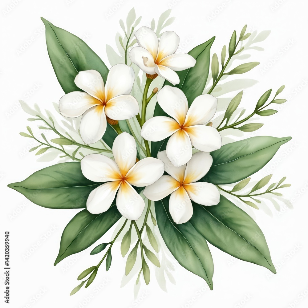 Obraz premium Watercolor painting of jasmine flowers isolated on white background. Hand drawn tropical plumeria blossoms, green leaves, buds, branches composition for design. Floral illustration, clipart.