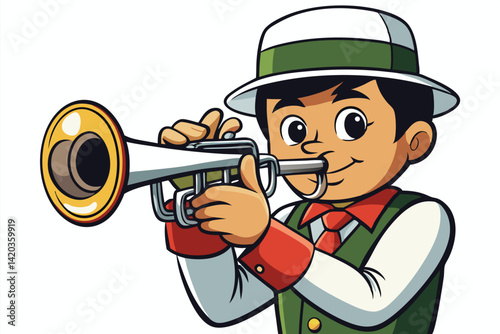 Young boy peering through a telescope in a minimal vector illustration capturing curiosity and adventure during a sunny daytime exploration