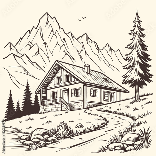House in mountain landscape hand drawn vector illustration realistic sketch