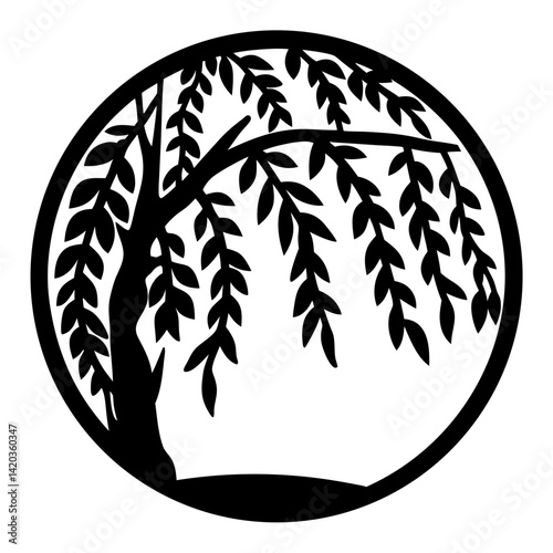 Silhouette of a weeping willow tree inside a circular frame or border