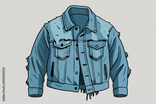 Vintage denim jacket design featuring a stylish distressed look with fur accents ideal for contemporary fashion lovers and trendsetters