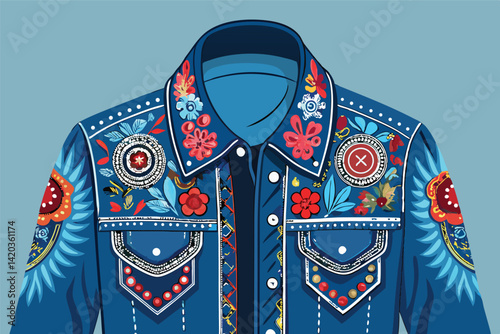 Detailed vector illustration of a decorative blue denim jacket featuring floral designs and intricate embroidery for fashion enthusiasts and designers
