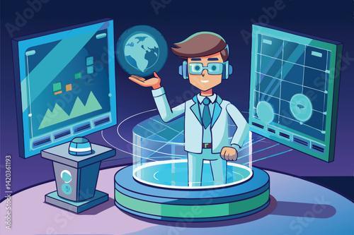 Virtual reality exploration with a futuristic character in a data-driven environment showcasing interactive graphs and digital elements