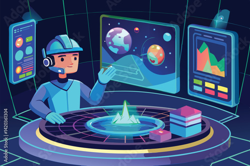Virtual reality exploration with a futuristic character in a data-driven environment showcasing interactive graphs and digital elements