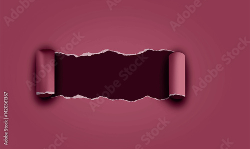 Cherry red color torn paper. Torn paper with stripe of different color and space for text. Ragged hole torn in ripped paper on burgundy background. To write important information. Vector.