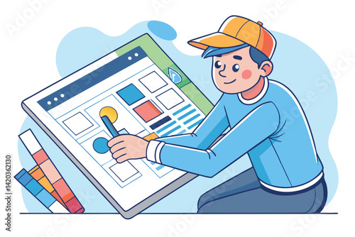Vector illustration of a designer creating digital art on a large tablet in a modern workspace during daytime