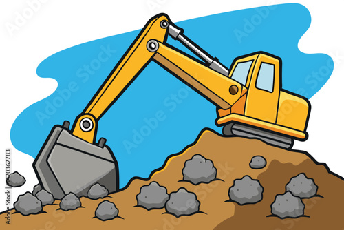 Yellow excavator working on a construction site, digging up dirt and rocks under a clear blue sky during daytime hours
