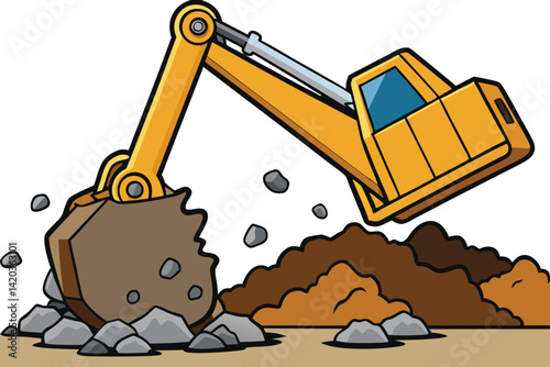 Yellow excavator working on a construction site, digging up dirt and rocks under a clear blue sky during daytime hours