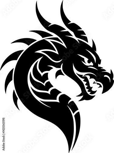 Wallpaper Mural Dragon head, tribal tattoo style, black and white, profile view, fierce expression, detailed scales, sharp horns, stylized curves, sleek design, mythical creature, fantasy art, bold lines Torontodigital.ca