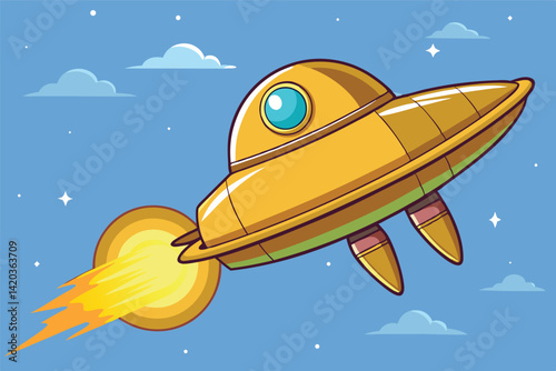 Colorful vector illustration of a golden spaceship flying through a starry sky