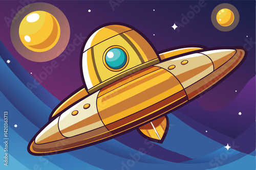 Colorful vector illustration of a golden spaceship flying through a starry sky
