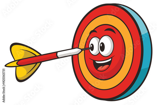 Achieving success with a cheerful target character hit by an arrow in a vibrant vector illustration showcasing determination and focus