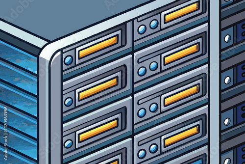 Vector illustration of a modern server rack filled with data storage devices in a tech environment during daytime