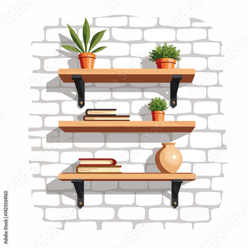 Rustic wooden wall shelf displaying plants and books, cozy ambiance