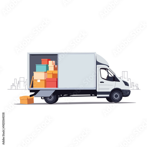 Colorful moving truck unloading boxes on white background, simplicity