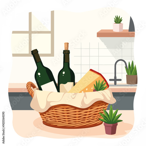 Cozy housewarming gift basket with wine and cheese, thoughtful gesture