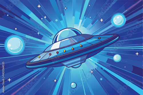 Creative vector illustration of a spaceship traveling through space with colorful planets and stars in the background