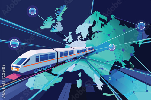 Modern train traveling across Europe with digital connections on a vector map illustrating transportation networks