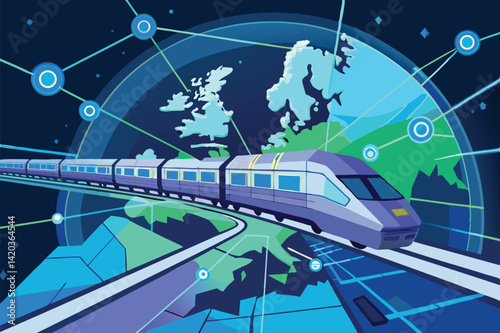 Modern train traveling across Europe with digital connections on a vector map illustrating transportation networks