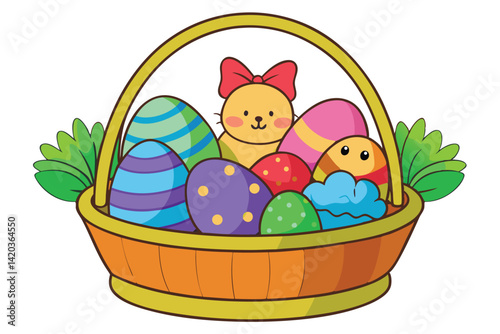 Colorful decorative basket filled with Easter eggs and a flower on a light background during springtime celebration