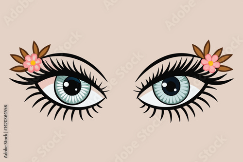Elegant vector illustration of blue eyes adorned with flowers showcasing a minimalistic and artistic design perfect for modern aesthetics