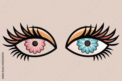 Elegant vector illustration of blue eyes adorned with flowers showcasing a minimalistic and artistic design perfect for modern aesthetics