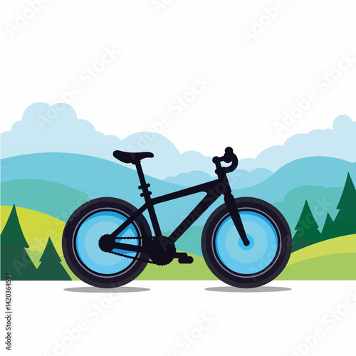 Sleek black bicycle against rolling green hills, minimalist design