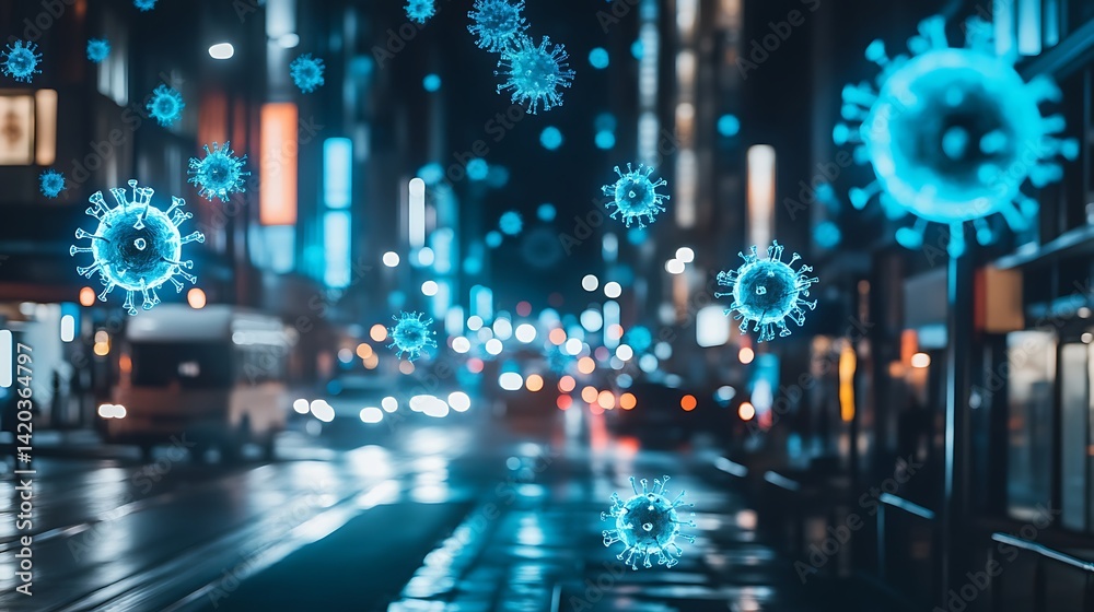 Digital Illustration of Virus Particles in Urban Night Scene Digital Illustration of Virus Particles in Urban Night Scene