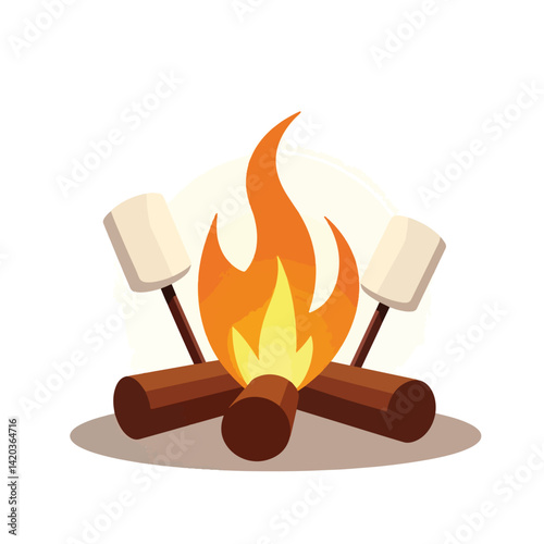 Stylized campfire with marshmallows glowing in white background, warmth