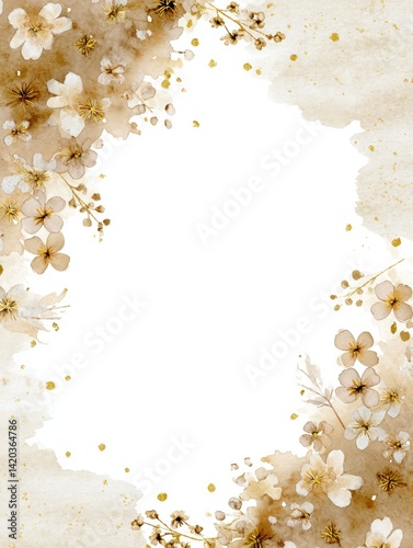 Watercolor Nursery Scrapbooking Paper with Hand-Painted Delicate Tiny Flowers and Soft Beige Gold Hues