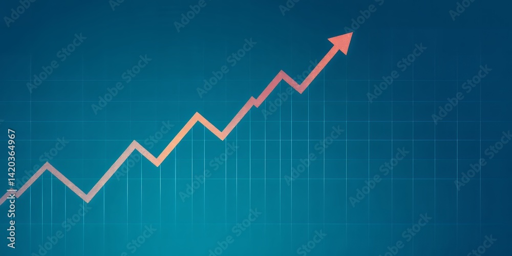 An upward trending line graph with a peach colored line on a blue background with grid lines An upward trending line graph with a peach colored line on a blue background with grid lines