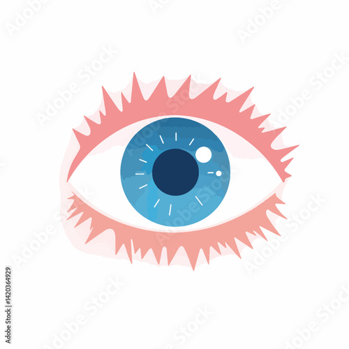 Irritated eye with blue iris and red veins on white canvas, visual clarity