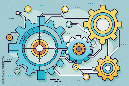 Abstract illustration of interconnected gears and circuits in a minimal vector style, showcasing a seamless blend of engineering and technology concepts in a contemporary design