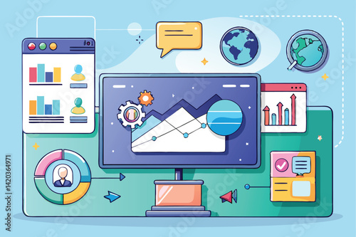 Creative minimal vector illustration of data analytics on a laptop with graphs and communication icons in a vibrant digital workspace