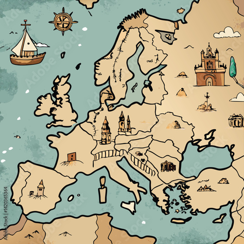 Detailed vector illustration of a historical map depicting Europe with landmarks, ships, and geographical features in a minimalistic style