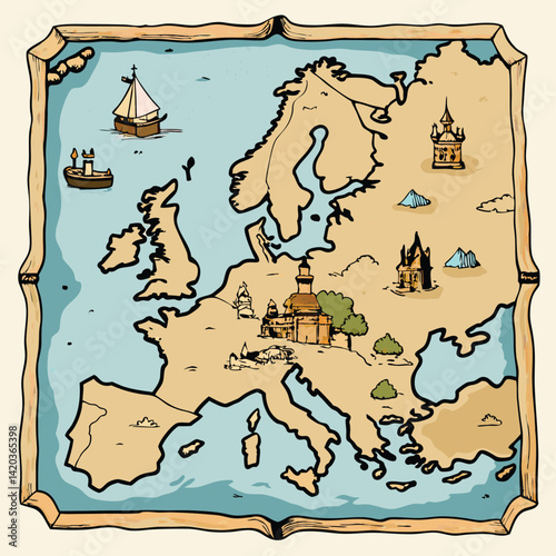 Detailed vector illustration of a historical map depicting Europe with landmarks, ships, and geographical features in a minimalistic style