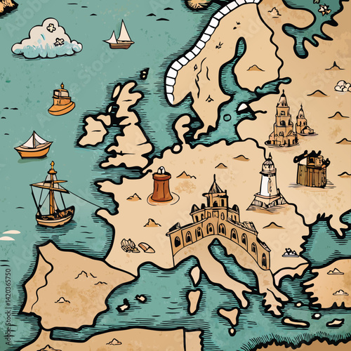 Detailed vector illustration of a historical map depicting Europe with landmarks, ships, and geographical features in a minimalistic style