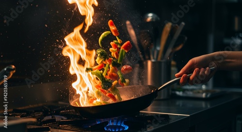 Fiery chef cooks vegetables in a pan sparks flying