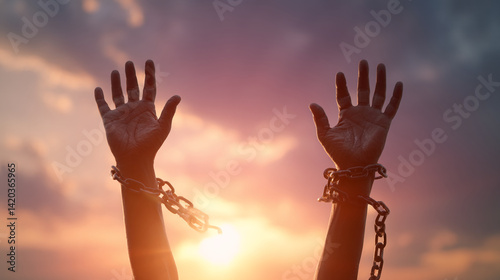 Chained hands raised towards a sunset sky, symbolizing freedom, hope, and overcoming adversity.  Powerful image for social justice or spiritual themes. photo