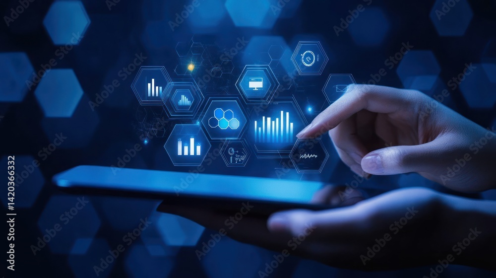 Naklejka premium Analyzing data with a tablet in a blue futuristic environment for business strategy