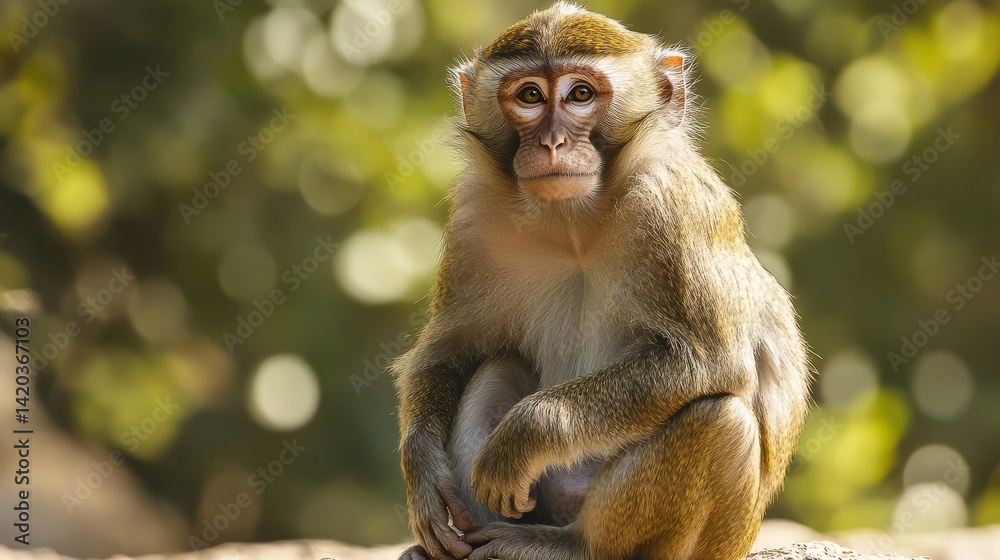 An alert monkey sitting in a natural outdoor environment looking at the viewer An alert monkey sitting in a natural outdoor environment looking at the viewer