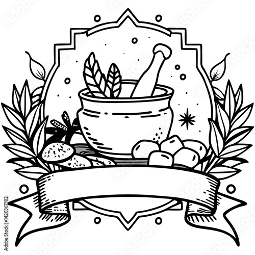 The Herbal Essence: A symbolic illustration of natural remedies, with mortar and pestle surrounded by botanicals and a blank banner for customization.