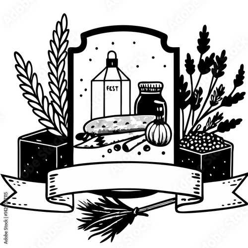 Vintage harvest Illustration: An intricate black and white illustration depicts a bountiful harvest with rustic elements.