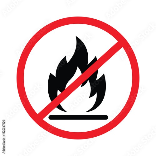 Prohibition sign: red circle with diagonal slash over black flame on white. Bold safety symbol for fire warnings, no-flame directives. Clean, minimalist vector design, cautionary theme.